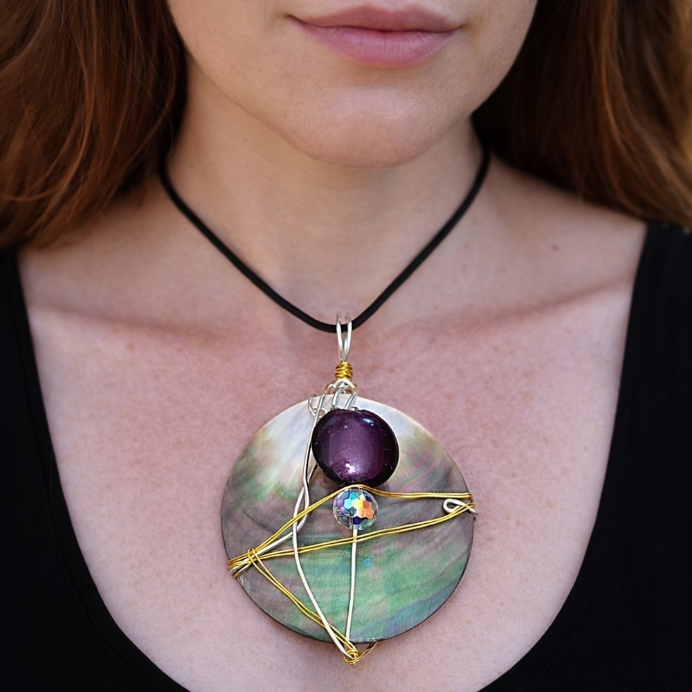Rubyrudi Handcrafted Abalone Shell Pendant glass accent Wire Wrapped Necklace